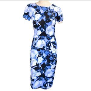 Carmen Marc Valvo Blue Floral Short Sleeve Sheath Dress Sz M #11G